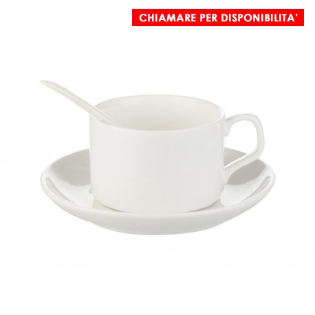 TAZZA CAFFE' CON PIATTINO E CUCCHIAINO DI CERAMICA CONFEZIONATA IN SCATOLINA INDIVIDUALE IN CARTONE BIANCA Per Sublimazione